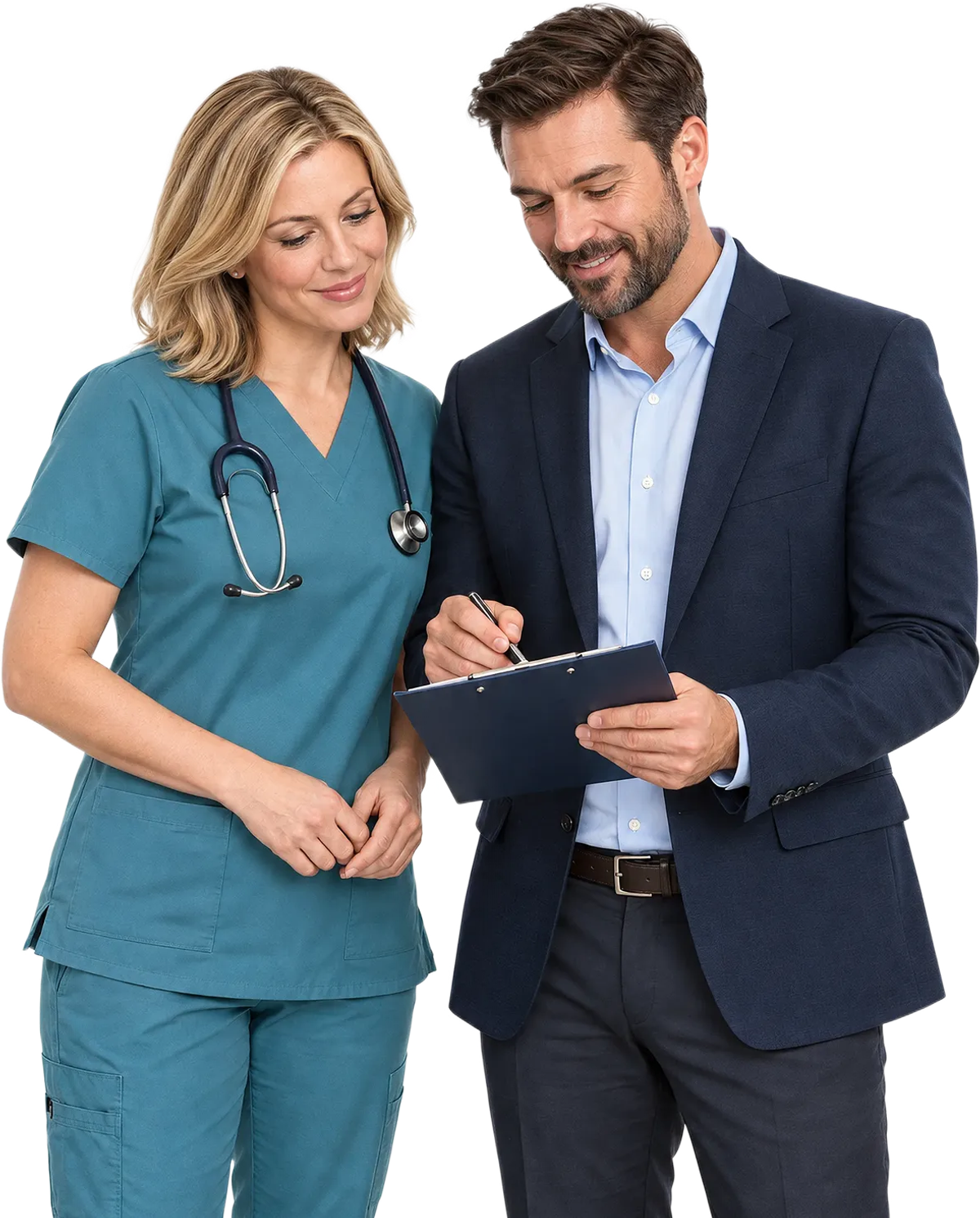 Two Overthink consultants reviewing a tablet together
